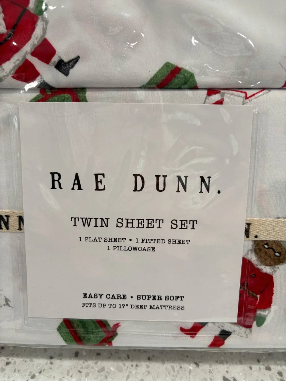 NEW Rae Dunn Twin Sheet Set - White with Red & Green Holiday Print